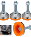 Tough As Nails M12 Thread Leveling Feet With 2.28 In Diameter Base Adjustable Swivel Levelers For Furniture Workbench Machine And Cabinet Stainless Steel Chrome Plated 4 Pack By HOFURME, featuring stainless steel finish and orange anti-skid base, shown in various angles including installed view under machinery.