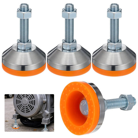 Tough As Nails M12 Thread Leveling Feet With 2.28 In Diameter Base Adjustable Swivel Levelers For Furniture Workbench Machine And Cabinet Stainless Steel Chrome Plated 4 Pack By HOFURME, featuring stainless steel finish and orange anti-skid base, shown in various angles including installed view under machinery.