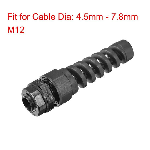 M12 Waterproof Cable Gland IP68 Nylon Joint With Strain Relief And Adjustable Locknut, Fits 4.5 to 7.8 mm wires shown