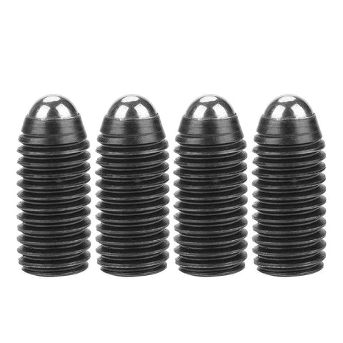 Close-up of Ten Piece M12X1.75 Socket Ball Spring Plungers Set With Hex Set Screws, carbon steel construction for precise positioning.