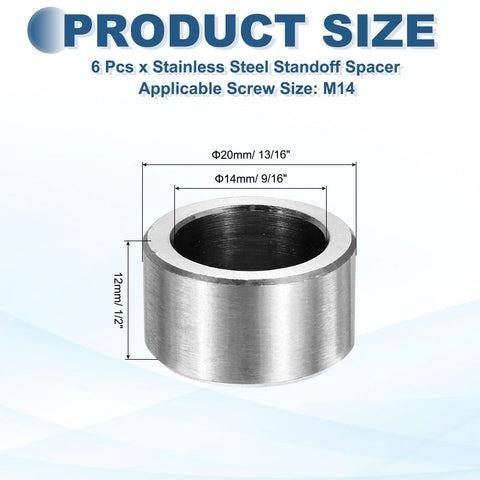 Diagram of Six Pack M14 Stainless Steel Spacers Unthreaded Round Standoff Bushings For Screws And Bolts with dimensions shown.