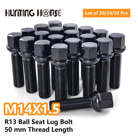 Durable M14x1.5 ball-seat lug bolts set of 20, 50mm shank, black finish for passenger cars and light trucks