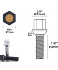 Durable M14x1.5 ball-seat lug bolts set of 20 with 50mm shank, 17mm hex, shown with R13 ball design and dimensions for cars