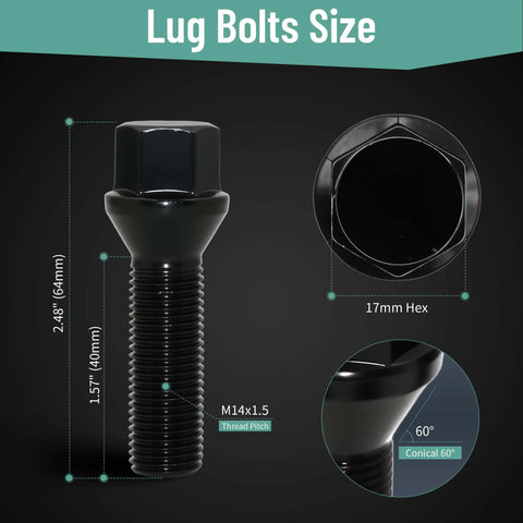 M14x1.5 Extended Lug Bolts – 40mm Shank Length, Conical Seat, Black, with 17mm hex and size details displayed