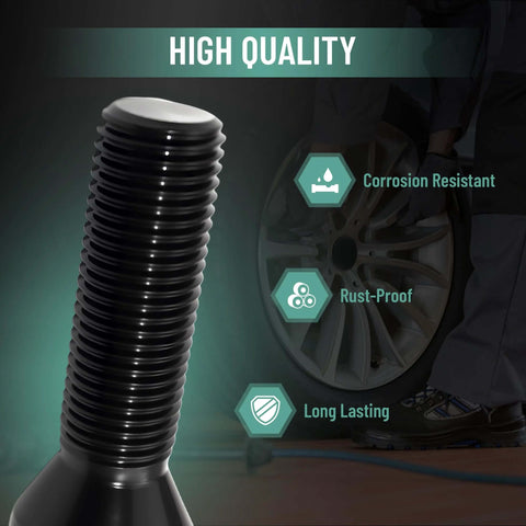 M14x1.5 Extended Lug Bolts – 40mm Shank Length, Conical Seat, corrosion-resistant black bolt close-up with durability features