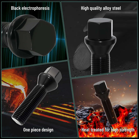 M14x1.5 Extended Lug Bolts – 40mm Shank Length, Conical Seat – Aftermarket bolts, black electrophoresis and alloy steel.