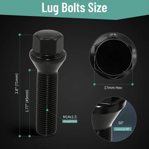 M14x1.5 European Lug Bolts 60 Degree Conical Seat 45mm Thread Length 17mm Hex Black Finish Ideal For Wheel Spacers And European Vehicles 20 Pack Durable Alloy Construction Corrosion Resistant Finish For Long Lasting Performance And Easy Installation