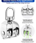 Image showing M15 Double Pulley Block - Pack of 4 Heavy Duty 304 Stainless Steel Double Wheel Pulleys for Lifting Rope, demonstrating features and uses.