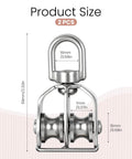 Front view of 2 Pack M15 Double Sheave Pulley Block, 304 Stainless Steel Lifting Crane Swivel Hook Wire Rope Hanging Wire Towing Wheel with size measurements.