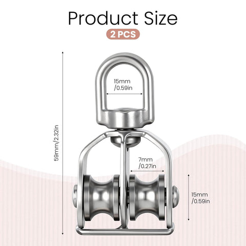 Front view of 2 Pack M15 Double Sheave Pulley Block, 304 Stainless Steel Lifting Crane Swivel Hook Wire Rope Hanging Wire Towing Wheel with size measurements.
