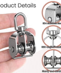 Close-up of 2 Pack M15 Double Sheave Pulley Block, 304 stainless steel, showing swivel hook and wire rope hanging wheel.