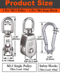 Product size chart for 5 Pcs M15 Single Pulley Block and 5 Pcs M4 Snap Hook, showcasing dimensions and load capacity.