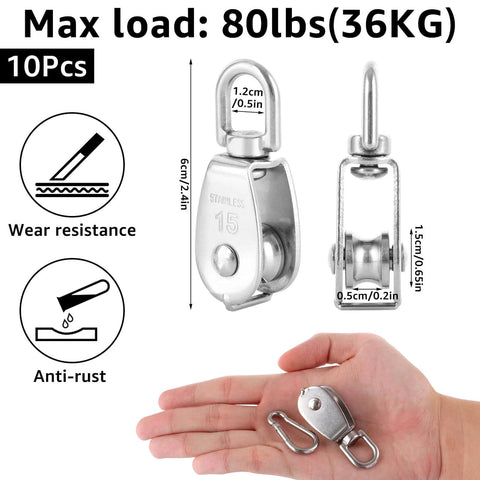 10Pcs M15 Single Pulley Block and spring snap hooks, 304 stainless steel, maximum load 80 lb, dimensions and features displayed