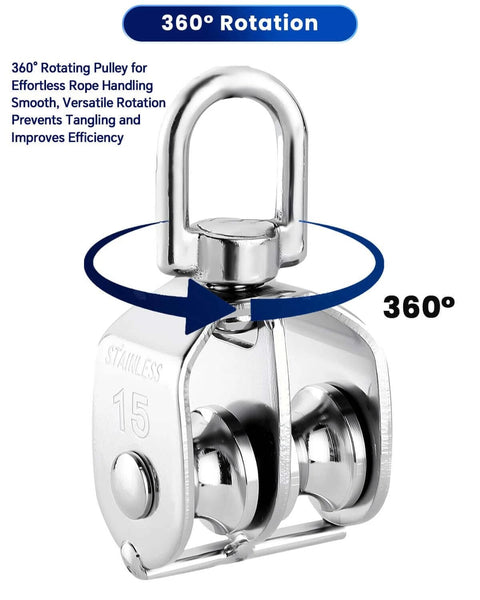 M15 Double Pulley Block - Pack of 4 Heavy Duty 304 Stainless Steel Double Wheel Pulleys for Lifting Rope, 360-degree rotation
