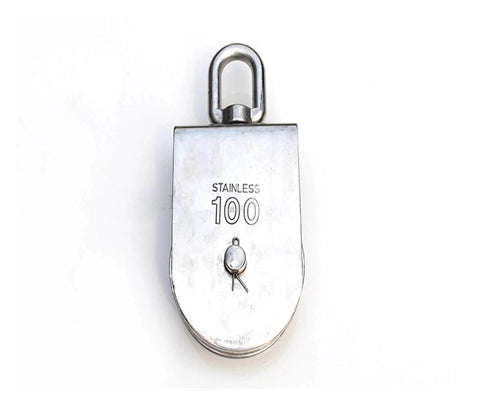 M15 stainless steel double-sheave pulley block with swivel top for rope & cord systems, showing front view with corrosion-resistant build.