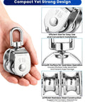 Close-up of M15 Double Pulley Block - Pack of 4 Heavy Duty 304 Stainless Steel Double Wheel Pulleys in hand, showcasing design.
