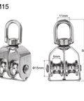 Side and front view of 4pcs M15 Double Pulley Block, Stainless Steel Swivel Rigging Lifting Wheel Fixed Pulley, dimensions labeled.