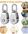 Small Pulley, 3 Pack M15 Cable Pulley, 304 Stainless Steel Pulleyblock, shown in various uses like lifting and gym equipment.