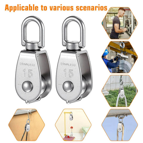 Small Pulley, 3 Pack M15 Cable Pulley, 304 Stainless Steel Pulleyblock, shown in various uses like lifting and gym equipment.