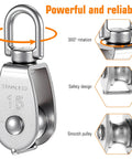 Close-up of Small Pulley, 3 Pack M15 Cable Pulley, 304 Stainless Steel Pulleyblock with crane swivel hook and 360° rotation diagram.