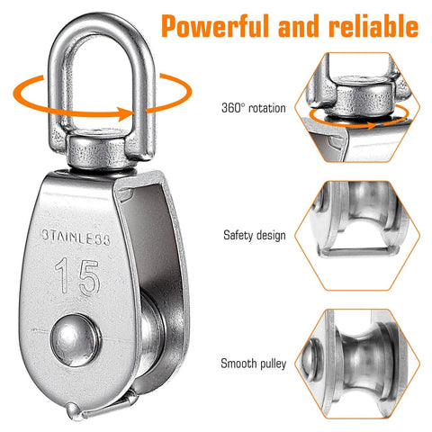 Close-up of Small Pulley, 3 Pack M15 Cable Pulley, 304 Stainless Steel Pulleyblock with crane swivel hook and 360° rotation diagram.