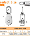 Diagram showing dimensions of Small Pulley, 3 Pack M15 Cable Pulley, 304 Stainless Steel Pulleyblock with crane swivel hook and lifting specs.