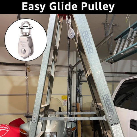 10Pcs M15 Single Pulley Block, 304 Stainless Steel Wire Rope Pulley, lifting setup with pulley on ladder in garage.
