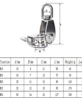 Diagram of ✝️ ,2Pcs 304 Stainless Steel M15 Silver Single Pulley Block Wire Rope Hanging Wire Towing Wheel with dimensions.