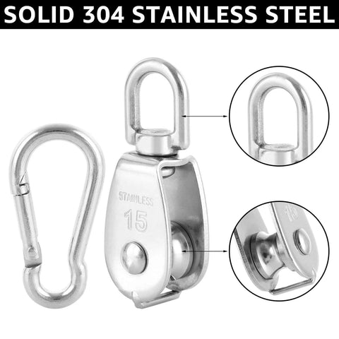 10Pcs M15 Single Pulley Block, 304 Stainless Steel Wire Rope Pulley, Lifting Pulley with 10 Spring Snap Hooks for Hanging and Lifting