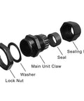 Exploded view of M16 Waterproof IP68 Nylon Cable Gland Locknut showing parts including lock nut, washer, main unit claw, seal, sealing nut.