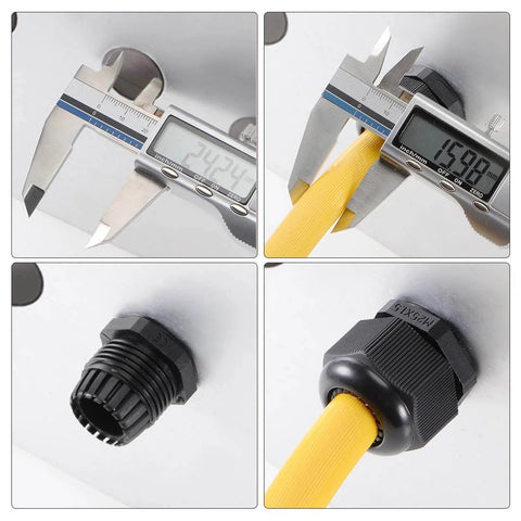 M16x1.5 Cable Gland Waterproof Nylon Joint with Locknut and Washer, fits 4mm to 8mm cables, shown with measurements and installed view