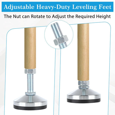 Close-up of Four Piece Heavy Duty Leveling Feet Set with M16 thread and anti-skid rubber feet, adjustable for workbenches and machines.