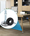 Four Piece Heavy Duty Leveling Feet Set With M16 Thread for desks and workbenches, shown installed on office furniture