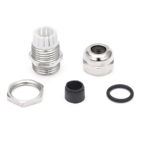 Components of Heavy Duty Metal Waterproof Cable Gland M16 for 4-8mm Wires, including adjustable clamp joint and rubber seal.