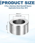 Set Of Four M16 Stainless Steel Spacers Unthreaded Round Standoff Bushings 16mm ID 26mm OD 12mm Length
