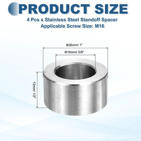 Set Of Four M16 Stainless Steel Spacers Unthreaded Round Standoff Bushings 16mm ID 26mm OD 12mm Length