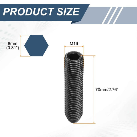 M16 Thread Ball Plunger 70mm Overall Length Hex Socket Spring Plunger with 8mm ball diameter, shown with dimensions.
