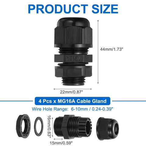 M16 Waterproof Cable Gland Kit 4 Pack 6-10mm Wire Hole Sealing Glands For Cable Fixing Wiring Repair And Gland Replacement In Electrical Enclosures Nylon Black Heavy Duty Easy Fit, product size 44mm x 22mm shown