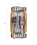 M17 Gold Bicycle Multi Tool with various wrenches and chain tool, compact and ergonomic design, 89mm length, top view