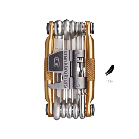 M17 Gold Bicycle Multi Tool With Hex Wrenches 2 2.5 3 4 5 6 8 Open Wrenches 8 And 10mm Spoke Wrenches front view