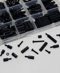 365 Pieces M2.5 Black Nylon Hex Spacer Standoff Set With Male And Female Spacers Nuts And Screws in organizer box, ideal for PCB