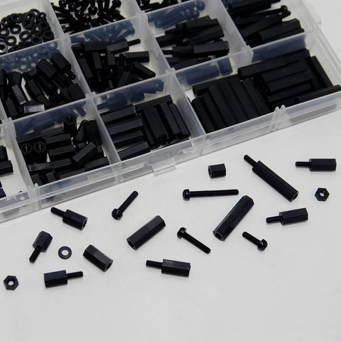 365 Pieces M2.5 Black Nylon Hex Spacer Standoff Set With Male And Female Spacers Nuts And Screws in organizer box, ideal for PCB