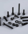 Assorted 1001Pcs M2.5 screws kit with hex socket head cap screws, nuts, and washers 4 to 20mm, 12.9 grade black oxide steel, front view.