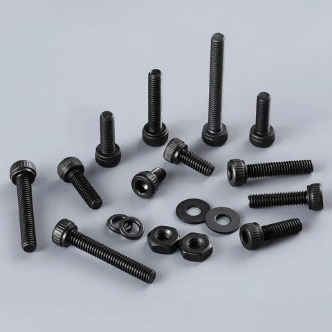 Assorted 1001Pcs M2.5 screws kit with hex socket head cap screws, nuts, and washers 4 to 20mm, 12.9 grade black oxide steel, front view.