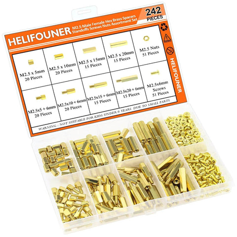 242 Pieces M2.5 Brass Spacers And Standoffs Assortment Kit With Male And Female Hex Spacers Screws And Nuts displayed in case