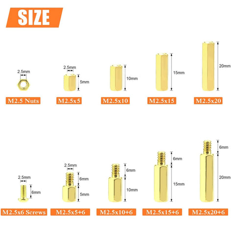 Diagram showing sizes in 242 Pieces M2.5 Brass Spacers And Standoffs Assortment Kit With Male And Female Hex Spacers Screws And Nuts