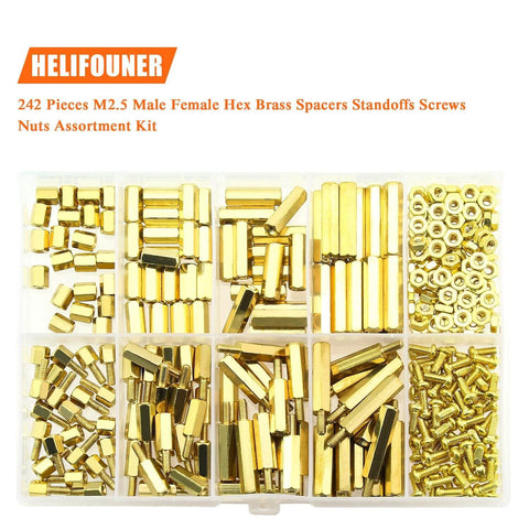 242 Pieces M2.5 Brass Spacers And Standoffs Assortment Kit with hex spacers, screws, and nuts in organizer box