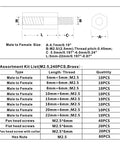 Diagram showing M2.5 Brass Male And Female Threaded Hex Standoffs Spacers And Stainless Phillips Screw Nuts Assortment Kit sizes.