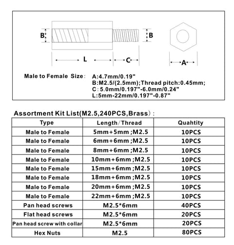 Diagram showing M2.5 Brass Male And Female Threaded Hex Standoffs Spacers And Stainless Phillips Screw Nuts Assortment Kit sizes.