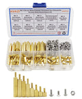 Assorted M2.5 brass male and female threaded hex standoffs with stainless screws and nuts kit for electronics and RC projects.